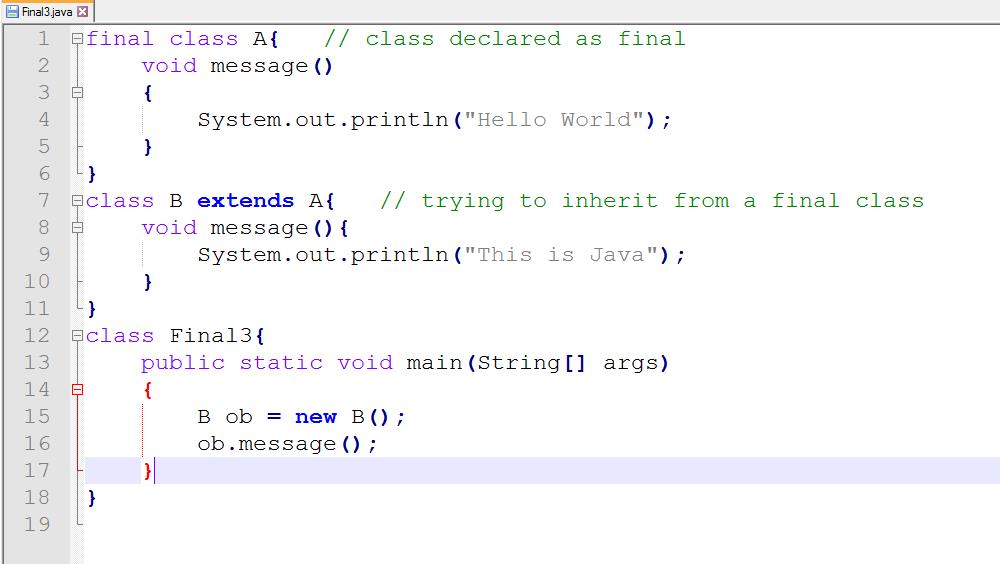 This image describes the sample program supporting the concept of final keyword with class.